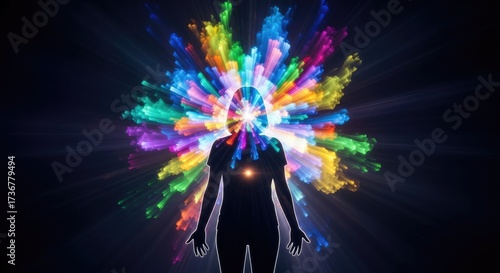 Energetic human silhouette radiating a vibrant explosion of colorful light beams, representing an inner glow, spiritual awakening, and positive energy flow against a dark, abstract background