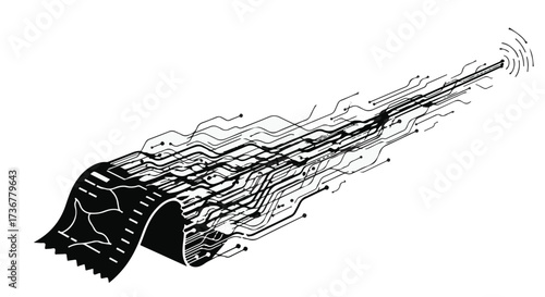 Abstract digital wave of data flows outward from a circuit board, suggesting information transfer and connectivity.
