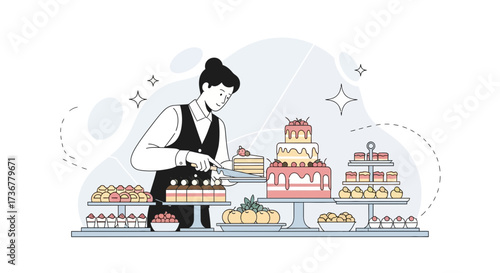 Pastry Chef Slicing Wedding Cake in an Elegant Catering Event Dessert Presentation