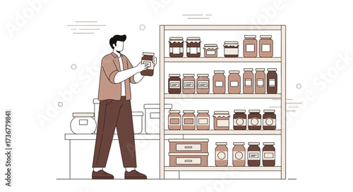 Man Inspecting Preserved Goods In Pantry Storage, Illustration Of Food Supplies