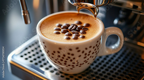 A cup of coffee with beans and latte art in a cafe atmosphere
