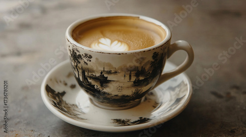 A cup of coffee with beans and latte art in a cafe atmosphere
