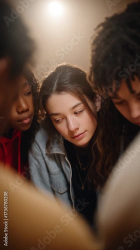Friends engaged in thoughtful discussion under soft ambient light