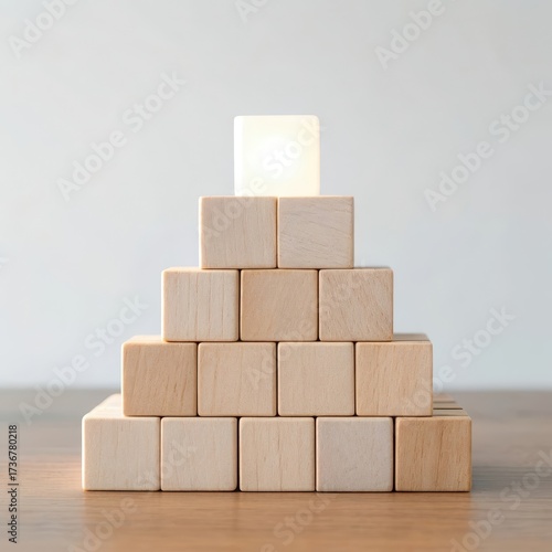 Wooden blocks arranged in a pyramid with a bright square on top