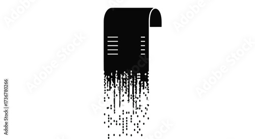 Digital data dissolving from a shredded document, symbolizing information loss and data destruction.