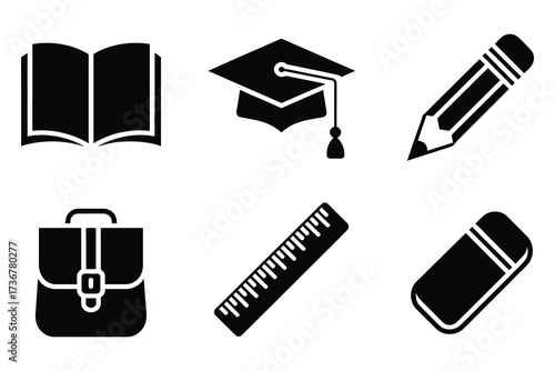 Collection of school supplies icons open book graduation cap pencil briefcase ruler eraser simple black silhouettes