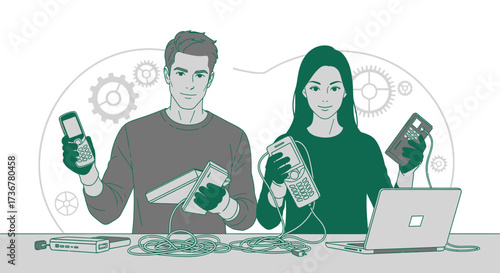 People analyzing and connecting technical devices with computers and old phones