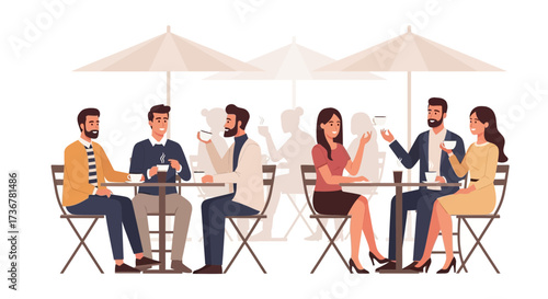 People enjoying coffee and conversation at an outdoor cafe with sun umbrellas