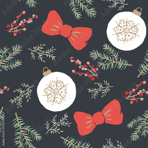 Christmas seamless pattern, bow, white ball, fir twigs, red berries, black background. Vector illustration. Nature design. Winter season greeting. New Year holidays