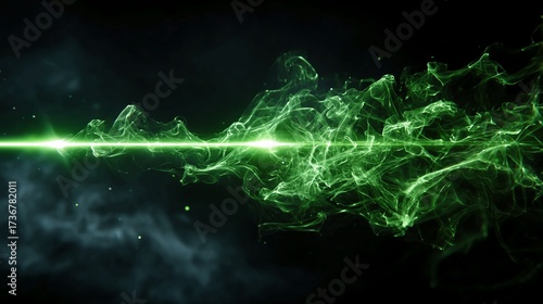 Dynamic green energy wave with luminous particles and swirling smoke, creating a futuristic, high-tech, and powerful abstract background for science, gaming, or digital innovation projects.