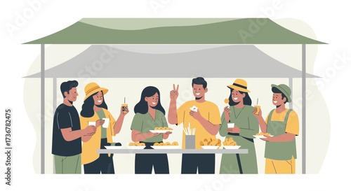People Enjoying Refreshments and Gathering at an Outdoor Food Market