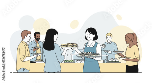 People Enjoying Lunch At Cafeteria Counter, Server Assisting, Diverse Group Is Present