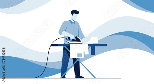 Man ironing clothes on an ironing board in minimalist blue shades of design
