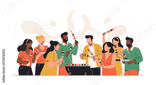 People Enjoying Summer Barbecue Together Sharing Skewers And Preparing A Meal