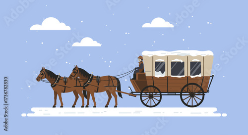 Horse-drawn wagon in snow with a driver enjoying a winter scene