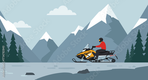 Snowmobile rider enjoying an adventure in a mountain pass with stunning scenery