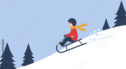 Child joyfully sledding downhill wearing a warm scarf in a winter wonderland