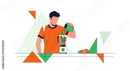 Man is Puring Fruits and Vegetables into a Blender to Make a Healthy Smoothie