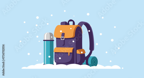 Backpack with thermos resting in snow, perfect for winter exploration