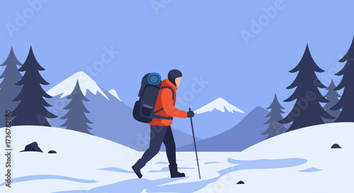 Backpacker hiking on a snowy trail with stunning mountain scenery around