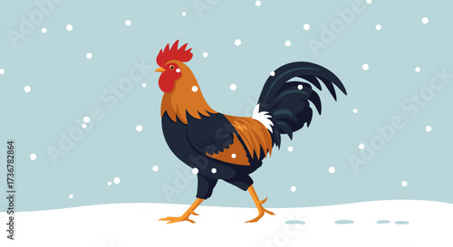 Rooster walking through the snow, showcasing vibrant colors in a winter setting