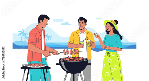 People Gathering On The Beach Having A Cookout During A Summer Day