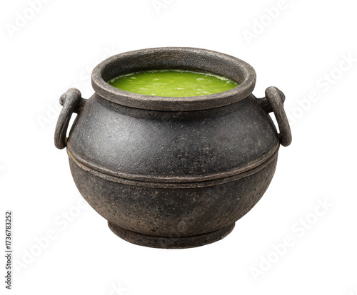A bubbling green potion in a rustic, dark cauldron with handles, isolated on a transparent background, evoking a sense of magic and mystery