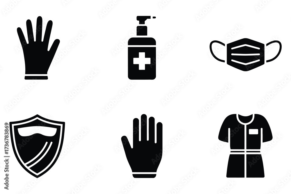Fototapeta premium Medical icons set protective gear gloves mask sanitizer shield medical uniform healthcare supplies