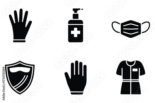 Medical icons set protective gear gloves mask sanitizer shield medical uniform healthcare supplies