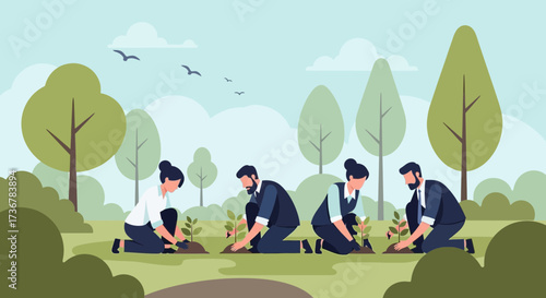 People planting trees to promote environmental protection and sustainability efforts