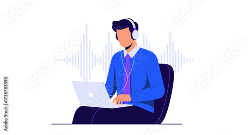 Man Listening to Music with Headphones and a Laptop While Working on a Project