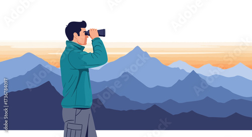 Man looking at mountains with binoculars representing exploration and vision