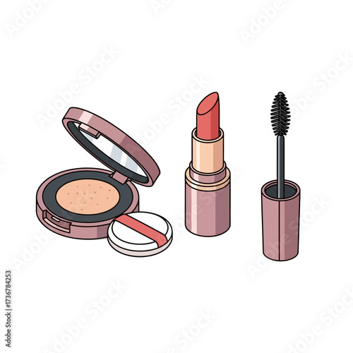 Elegant pink makeup set for a flawless look, featuring powder compact, vibrant lipstick, and mascara for captivating eyes, perfect for beauty campaigns