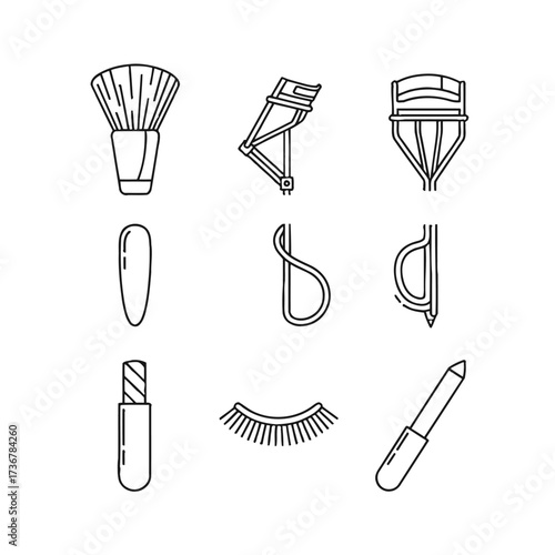 Essential beauty tools outline for makeup artists, stylists, and bloggers who love cosmetics and simple elegant designs to enhance natural beauty.