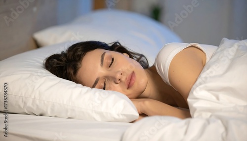 A woman rests peacefully in bed, enveloped in soft white bedding, showcasing a serene and tranquil atmosphere.