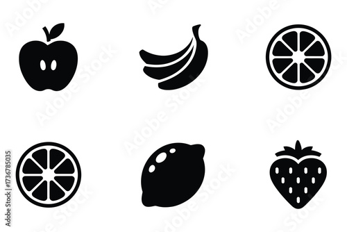 Six diverse fruit icons featuring apple banana orange lemon strawberry and citrus slice silhouettes