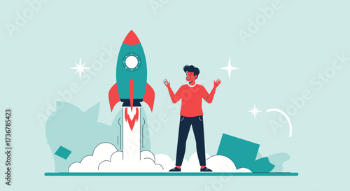 Man Observes The Launch Of A Rocket Representing A Successful Startup Adventure