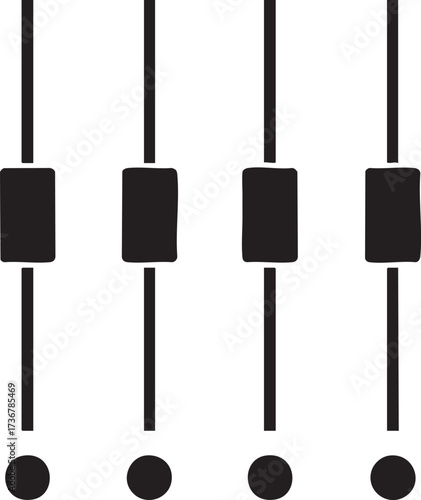 Four black audio mixer sliders in silhouette form isolated on white background