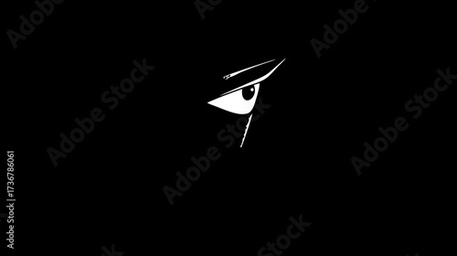 Mysterious white eye peeking from deep shadows, minimalist graphic illustration on black background, concept of vigilance and observation.
