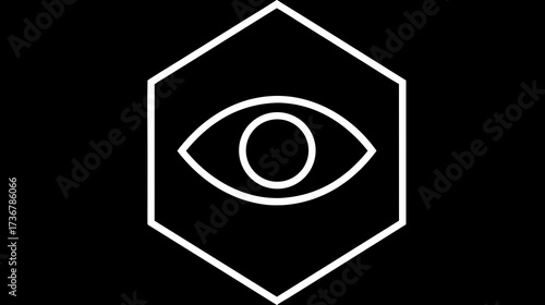 Modern minimalist white eye line art icon in a hexagon shape on a black background, representing vision, security, and digital insight.