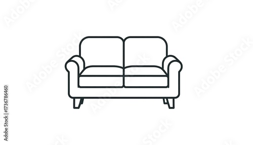 Simple line drawing of a classic two-seater couch with curved armrests and simple wooden legs.