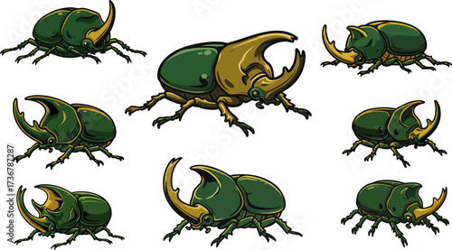Collection of pixelated rhinoceros beetles with green and gold coloring on black
