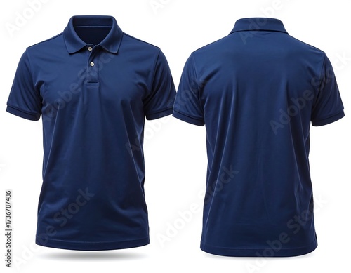 A navy blue polo shirt, front and back views, is displayed against a white background.
