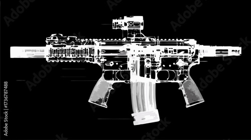 X-ray style illustration of a modern tactical rifle with an optical sight and magazine. Detailed technical visualization on a dark background.