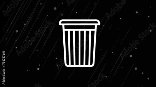White Line Art Trash Can Icon on Dark Digital Background with Subtle Moving Particles. Delete, Remove, or Waste Concept.
