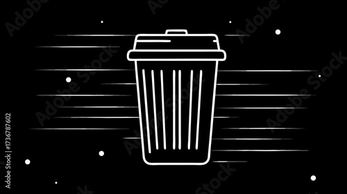 Digital Trash Can Icon with Speed Lines on Black Background. Waste Bin Outline, Delete Symbol, Rubbish Container, Clean Up Graphic.