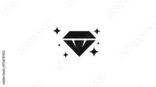 Elegant black diamond icon with shimmering sparkles, a minimalist vector graphic representing luxury, quality, and preciousness.
