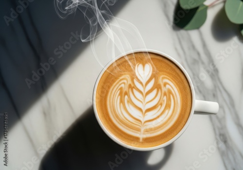 Overhead view of a beautifully crafted latte with delicate foam art