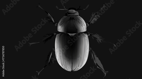 Minimalist black and white beetle illustration on a dark background. Detailed stylized insect graphic with high contrast and subtle texture.