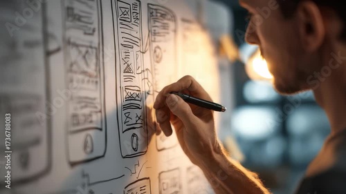 UX designer draws detailed wireframes for mobile application, illustrating planning phase app development. Workspace atmosphere highlights creativity, innovation, digital design trends
